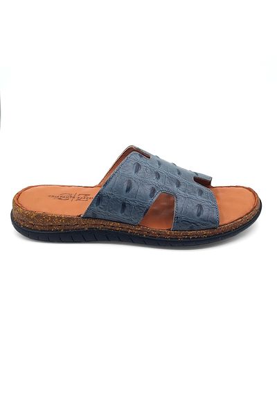 Cristante Zappella 100% Genuine Leather Blue Patterned Leather Men's Slippers, Daily Slippers