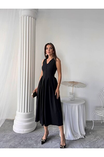conconmoda Dore Piliseli Düğmeli Midi Elbise