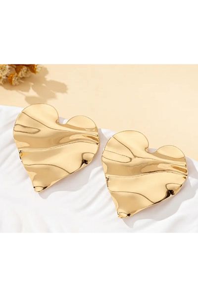 SE Jewellery Collection Selin Ersoy Gold Color Wavy Surface Heart Earrings – Modern and Stylish Women's Earrings