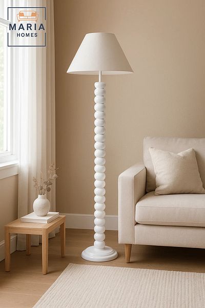 MARIA HOMES Glossy White Floor Lamp with Beaded Stand and Cone Shade