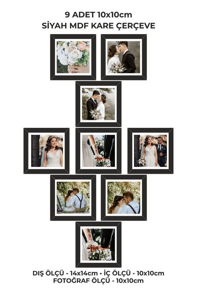 Baskılar 9 Adet 10x10 Çerçeve - Siyah Çerçeve - Kare Mdf Çerçeve - Fotoğraf Ç...