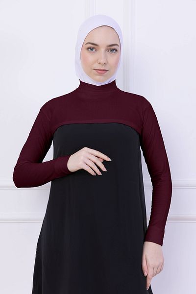 Loggia Guler cu gât cu mâneci burgundy - Lycra Guler în picioare Body Hijab Crop Bolero pentru femei