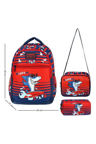 KAFF Red Shark Patterned Bag Nutrition Pen Holder Boy Set of 3 Primary School Bag