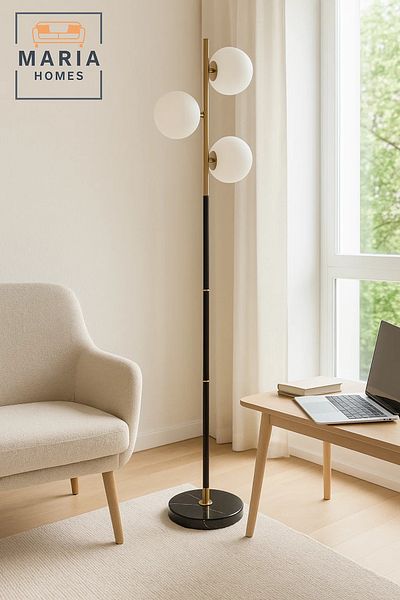 MARIA HOMES Black and Gold Floor Lamp with Three Globe Lights
