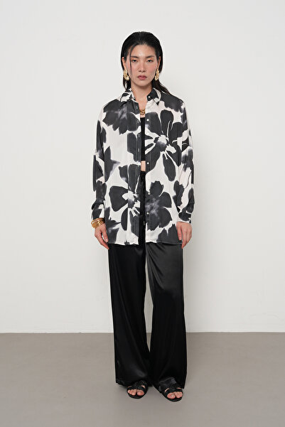 Orfeo Negro Women's Large Flower Patterned Oversize Shirt