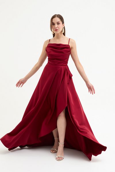 Lafaba Women's Burgundy Flounced Slit Satin Evening & Homecoming Dress