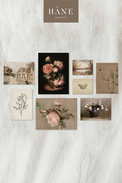 Hane Concept Çiçek ve Manzara Baskı Seti, Vintage Galeri Duvarı, Açık Renkli ...