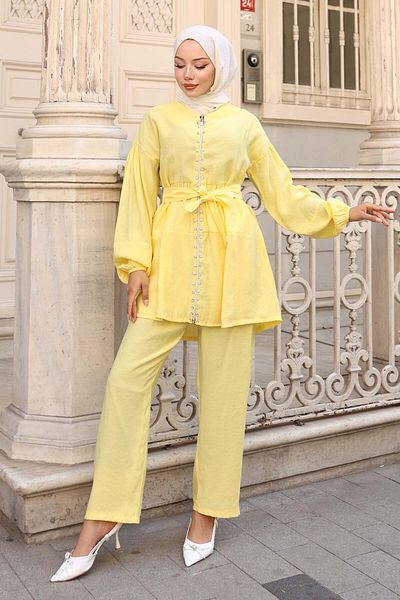 benguen Stone Detailed Double Suit Yellow 4877