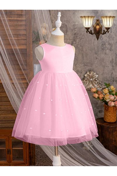 MadyaButik Girl's White Bow Elegant Dress Model with Candy Pink Pearls