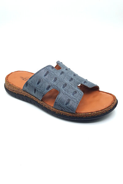 Cristante Zappella 100% Genuine Leather Blue Patterned Leather Men's Slippers, Daily Slippers