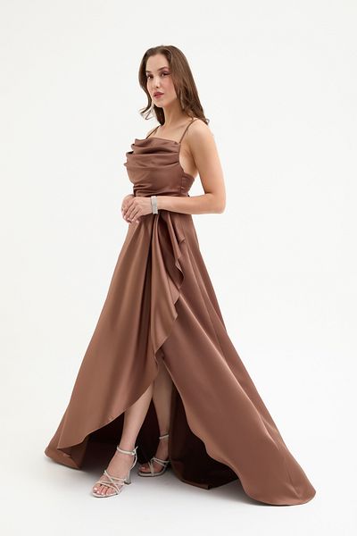 Lafaba Women's Brown Flounced Slit Satin Evening & Homecoming Dress