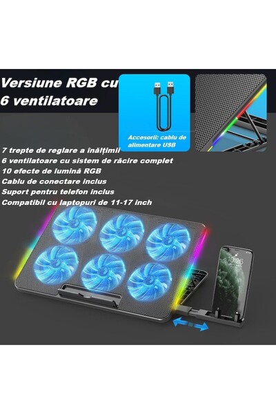 zyteq Cooler laptop ZYTEQ®️ S6, 6 ventilatoare silentioase, viteza reglabila, suport telefon, negru