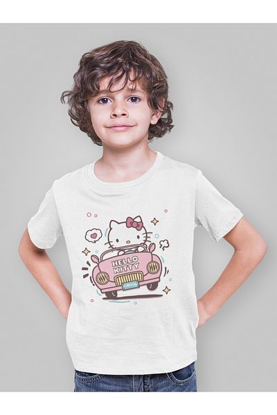 SEVBANO Tricou pentru copii unisex cu desene animate Hello Kity care conduce mașină (vârsta 1-12)