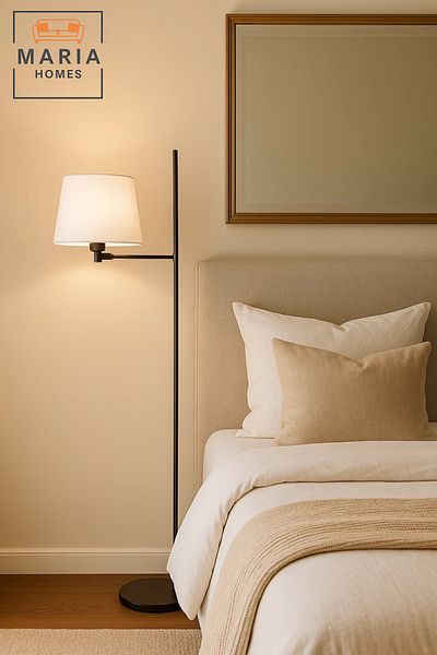 MARIA HOMES Tall Floor Lamp with Gold Stand and Linen Shade