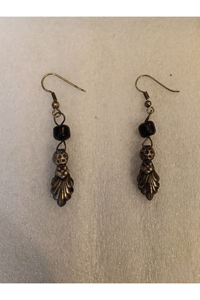Butik Tülin Authentic Handmade Alpaca Bafon Leaf Black Beads Dangle Earrings 6X1 cm Indian Made