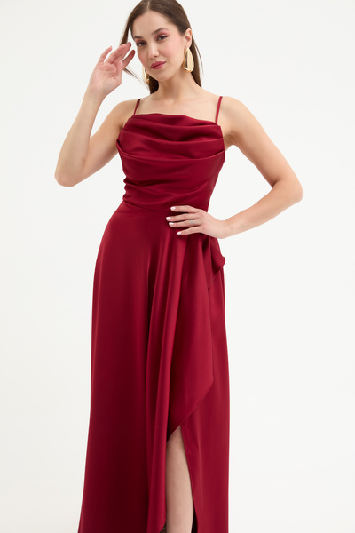 Lafaba Women's Burgundy Flounced Slit Satin Evening & Homecoming Dress