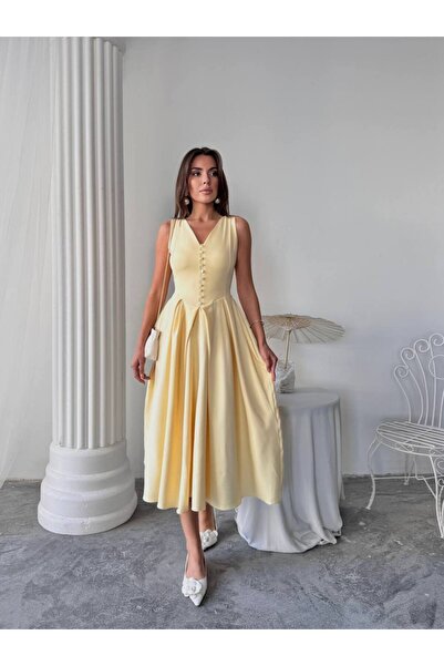 conconmoda Dore Piliseli Düğmeli Midi Elbise