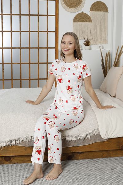 LİLA İÇ GİYİM Set pijamale cu mânecă scurtă albă cu model Pegasus Teddy