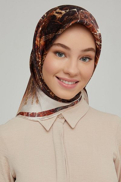 Armine Σειρά Nostalgia Silk Sura Scarf 8615DS-03 Γεωμετρικό σχέδιο ΚΡΕΜ-ΚΑΦΕ
