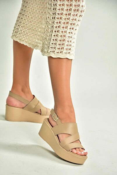 Fox Shoes U555750203 Beige Genuine Leather Wedge Heeled Women's Shoes