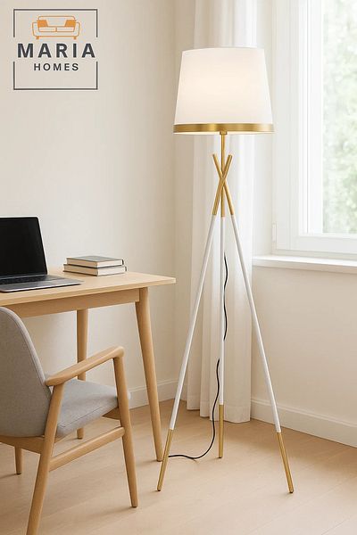 MARIA HOMES Elegant White and Gold Tripod Floor Lamp