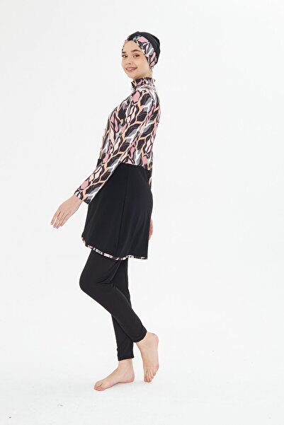 Fantasy Tam Kapalı Likralı Desenli Etekli Tesettür Mayo Siyah 3481-S