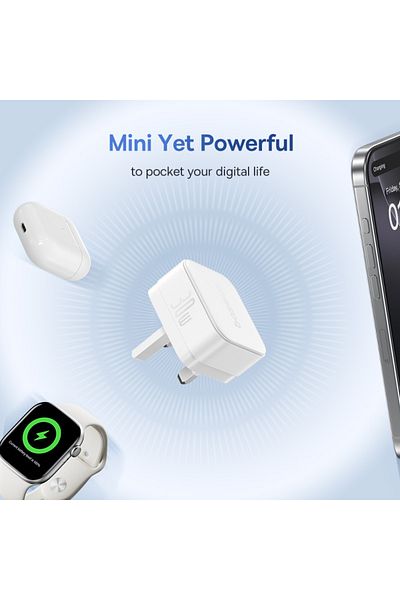 Baseus شاحن حائط سريع الشحن من Palm 30 واط PD Type-C - شاحن USB-C فائق السرعة مع قابس المملكة المتحدة - أبيض