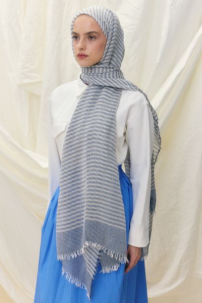 Fenza Sara Navy Blue Wide Striped Linen Textured Shawl