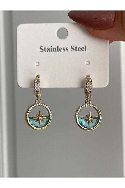 JELLY KADIN ÇELİK 14K GOLD RENK TURKUAZ KRİSTAL TAŞLI KUTUP YILDIZI MODEL OKYANUS KÜPE