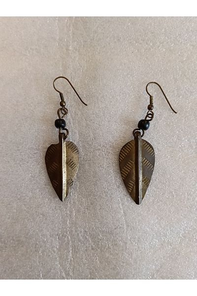 Butik Tülin Authentic Handmade Brass Black Beads Leaf Dangle Earrings 6.5X1.7 cm Made in Kenya