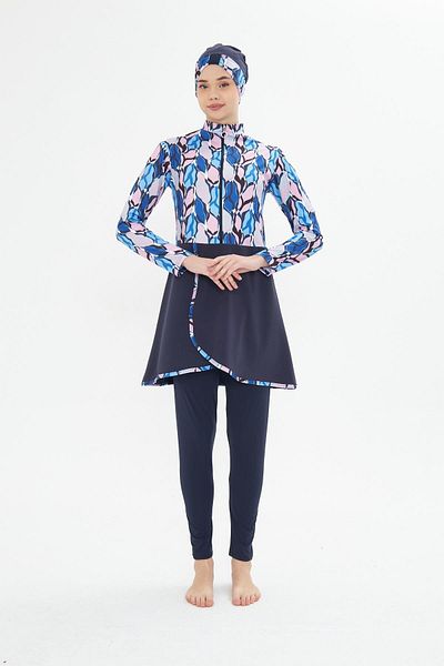 Fantasy Full Covered Lycra Patterned Skirted Hijab Swimsuit Navy Blue 3481-L