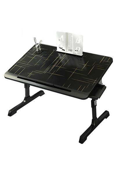 Linomag Adjustable foldable laptop stand/table, 60x40x27, book & tablet holder, storage drawer, black/gold