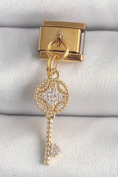 Celira Steel Gold Color Dangle Zircon Stone Key Model Nomination Charm
