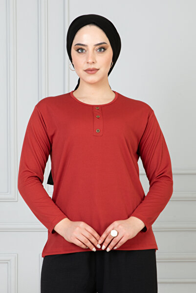 nacar çarşı Kadın Kiremit Fitilli Yazlık Mevsimlik Uzun Kollu Düğme Detaylı Penye Bluz