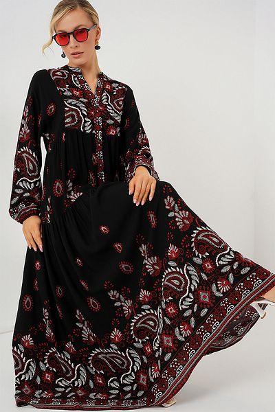 Bigdart 2423 Φόρεμα Hijab με αυθεντικό σχέδιο - Μαύρο - Claret Red