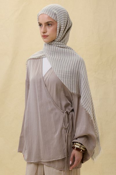 Fenza Sara Gray Wide Striped Linen Textured Cotton Shawl