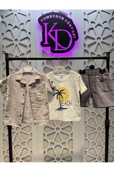 KUMRUNUN DÜNYASI Gray Shirt Short Sleeve T-Shirt and Gray Shorts 3-Piece Bottom Top Boy's Set