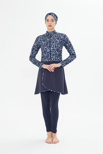 Fantasy Full Covered Lycra Patterned Skirted Hijab Swimsuit Navy Blue 3482-L