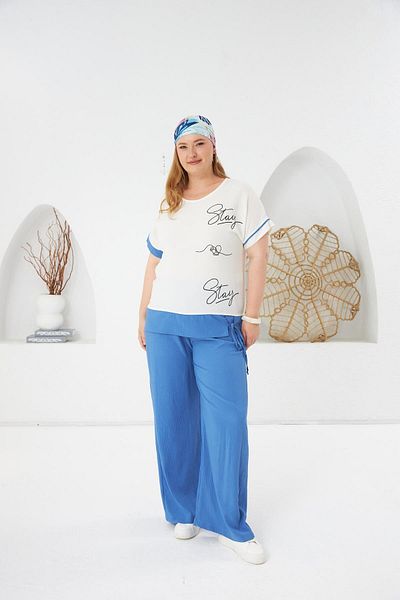 RMG Stay Written Plus Size Blouse-Pants Set Indigo