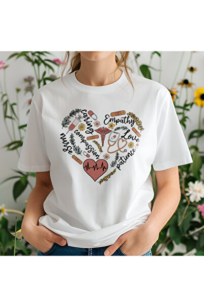 giftkonsept تي شيرت أبيض عادي من القطن بنسبة 100% من Nurse Empathy Love Nurse...