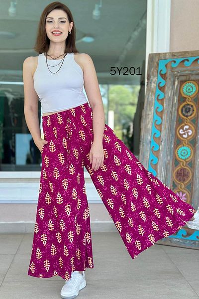 İnce Topuk Patterned Viscose Wide Leg Trousers 5Y201