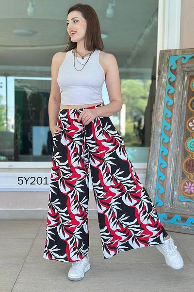 İnce Topuk Patterned Viscose Wide Leg Trousers 5Y201