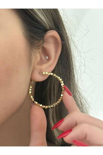 MyladyAccessoriess Medium Size Steel Hoop Earrings with Cube Detail