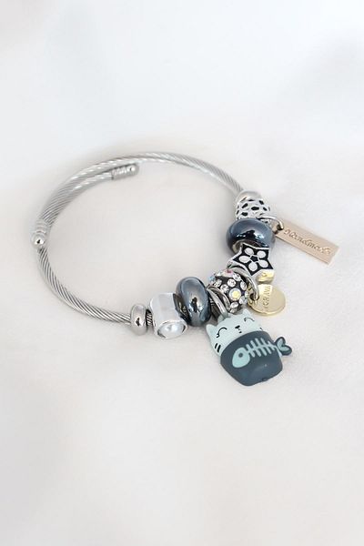 Celira Blue Cat Figure Star Detail Silver Color Charm Steel Women's Bracelet