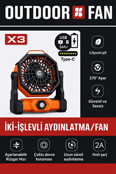 electroawm Taşınabilir LED Fenerli Kamp Vantilatörü, Şarj Edilebilir Çadır Va...