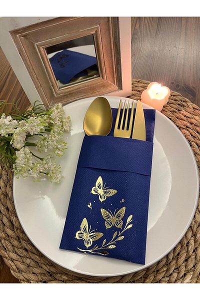 kidspartim Gold Gilded Basement Blue Butterfly Leaf Detailed Pocketed Kangaroo Napkin 12 Pieces