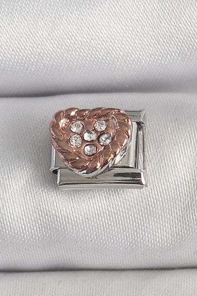 Celira Steel Silver Color Zircon Stone Bronze Heart Engraved Nomination Charm