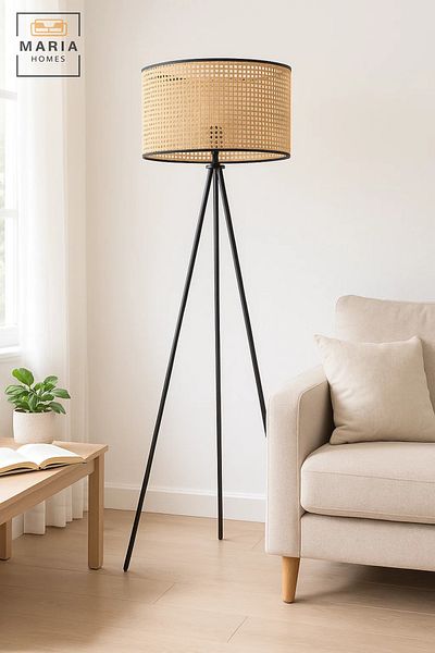 MARIA HOMES Tripod Floor Lamp with Rattan Drum Shade