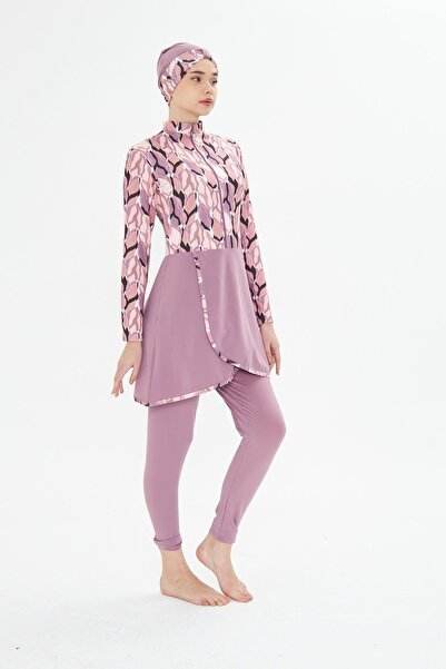 Fantasy Tam Kapalı Likralı Desenli Etekli Tesettür Mayo Pembe 3481-P