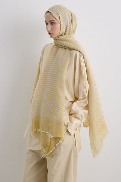 Fenza Sara Yellow Wide Striped Linen Textured Cotton Shawl